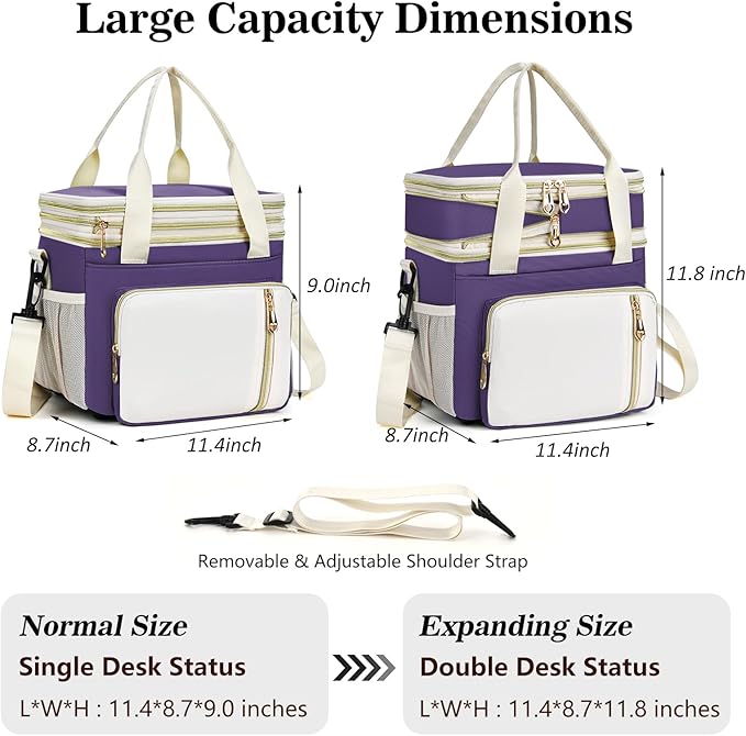 LOKASS Expandable Lunch Box for Women | Adult Lunchbag Cooler Tote Bag with Adjustable Shoulder Strap | Insulated Reusable Womens Lunch Bags for Work Camping Beach | 16L, Purple