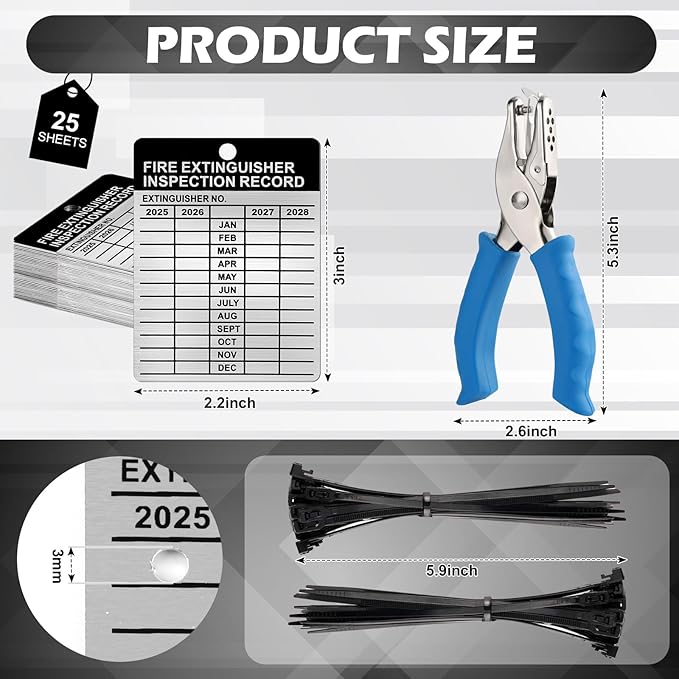 25 Sets Metal Inspection Tags Safety Inspection Tags Fire Extinguisher Inspection Sticker 2.2X3inch Fire Extinguisher Inspection Record Tag 2025-2028 with Handheld Hole Puncher for Indoor Outdoor (25)