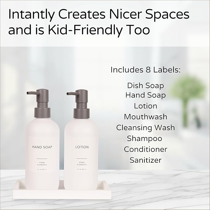 Plastic Soap Dispenser Set - PET Plastic Dish Soap Dispenser for Kitchen, Hand Soap Lotion Bottles with Pump Dispenser for Bathroom, Includes 8 Waterproof Labels, 16 oz, White Silicone Tray
