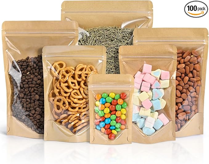 FireKylin 100 PCS Stand Up Pouches,7.1" x 10.2" Paper Bags With Window Clear Front Pouches Resealable Zipper Food Storage Brown
