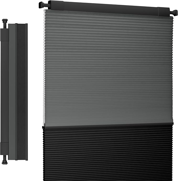 Boolegon Day and Night Cellular Shades No Tools No Drill Blinds for Window Cordless Easy to Install Honeycomb Shades Blackout&Filter Light Window Shades for Office Home, Black, Custom Size