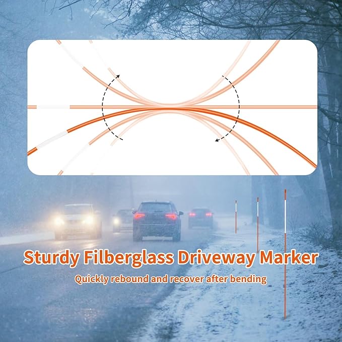 Growsun Driveway Marker 48 inch Orange Fiberglass 5/16 inch Dia Snow Fence Reflective Plow Stakes for Yard Walkways Parking Lots Safety Rods Edge, 25 Pack