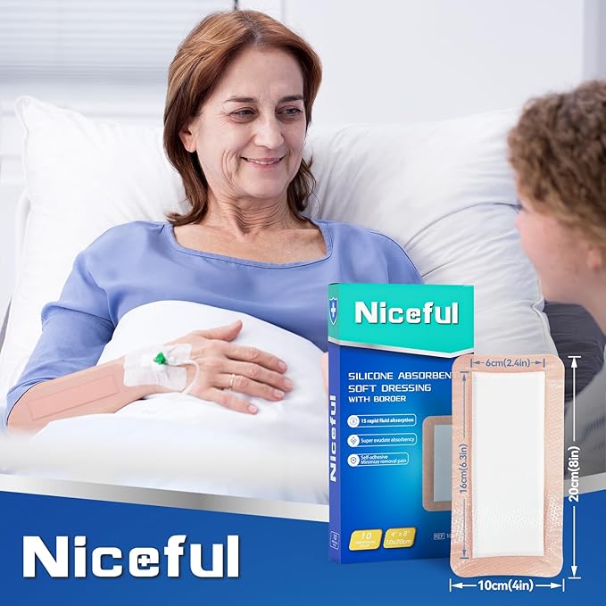 Silicone Super Absorbent Wound Dressing - 4"×8" Large Absorbant Bandages with Adhesive Borders, FSA HSA Eligible, Wound Care Dressings for Bed Sores Leg Ulcers