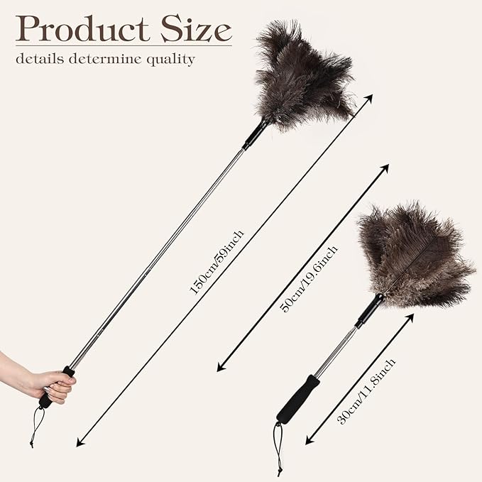 Telescopic Ostrich Feather Duster, 59-inch Naturally Fluffy Long-Handled Feather Duster, Soft, Durable and Reusable for Cleaning high Ceilings, Walls, Fans, Furniture and Blinds in The Home Office