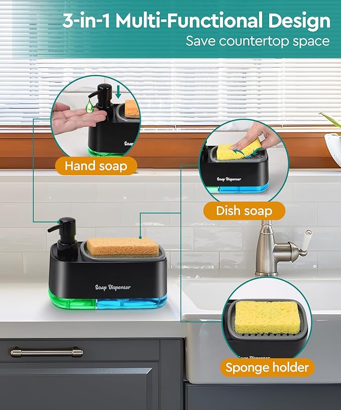 Kitchen Dish Soap Dispenser Set，Dish and Hand Soap Dispenser with Sponge Holder, 3-in-1 Countertop Sponge Dual Soap Pump Dispenser for Kitchen Sink - Black