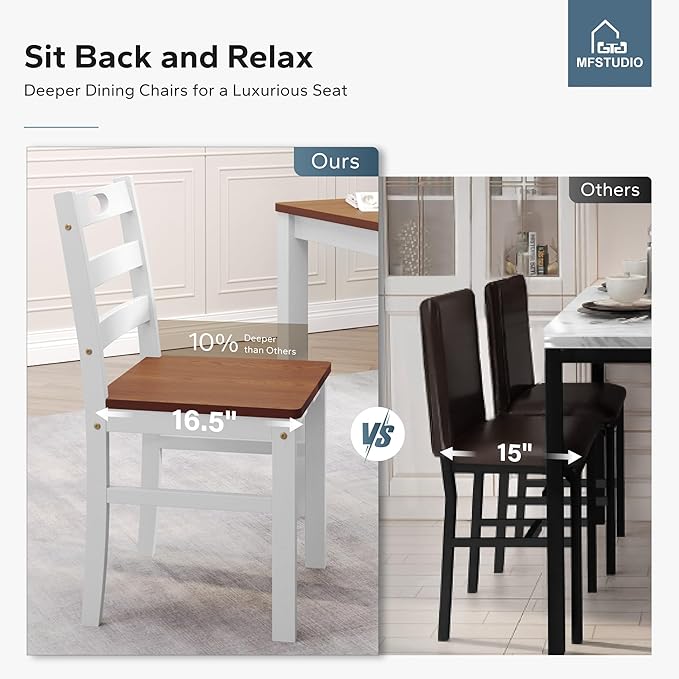 MFSTUDIO Dining Table Set for 4, 5-Piece Kitchen Table with 4 Chairs, Wooden Dining Room Table and Solid Wood Chairs, White Walnut