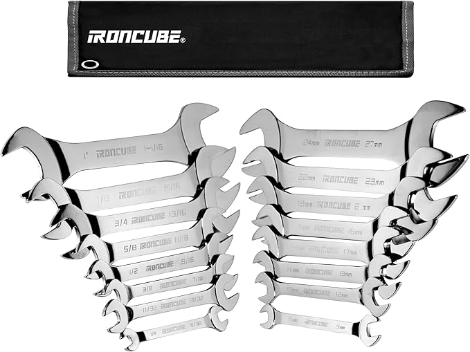 16-Piece Super-Thin Double Open End Wrench Set: 3mm Extra-Slim Profile for Tight Spaces – Complete SAE & Metric Sizes – Full Range Tool Kit for Car Repair, Garage & Home