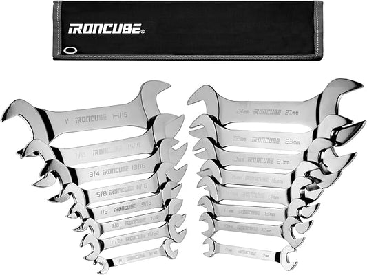 16-Piece Super-Thin Double Open End Wrench Set: 3mm Extra-Slim Profile for Tight Spaces – Complete SAE & Metric Sizes – Full Range Tool Kit for Car Repair, Garage & Home
