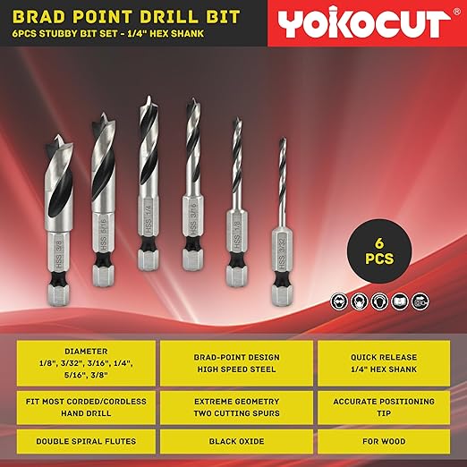 Brad Point Drill Bit Set for Woodworking, Stubby Short Length Drill Bit Set for Wood, 6pcs High Speed Steel with 1/4 Inch Quick Change Hex Shank
