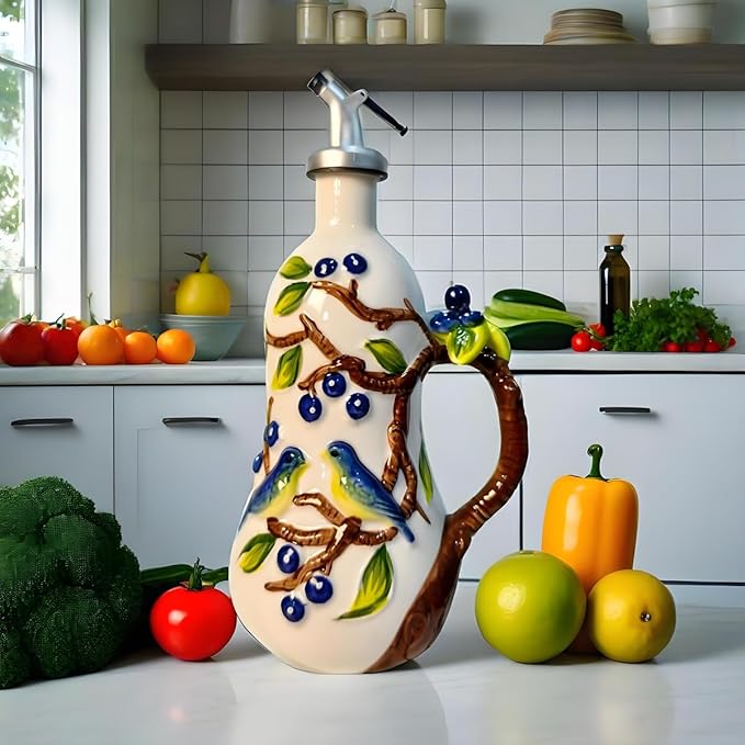 18 oz Hand-Painted Relief Ceramic Olive Oil Bottle Dispenser, with Handle Decorative Olive Oil Dispenser Bottle, for Kitchen Ceramic Oil Vinegar Bottle Seasoning Bottle with Stainless Steel Pour Spout