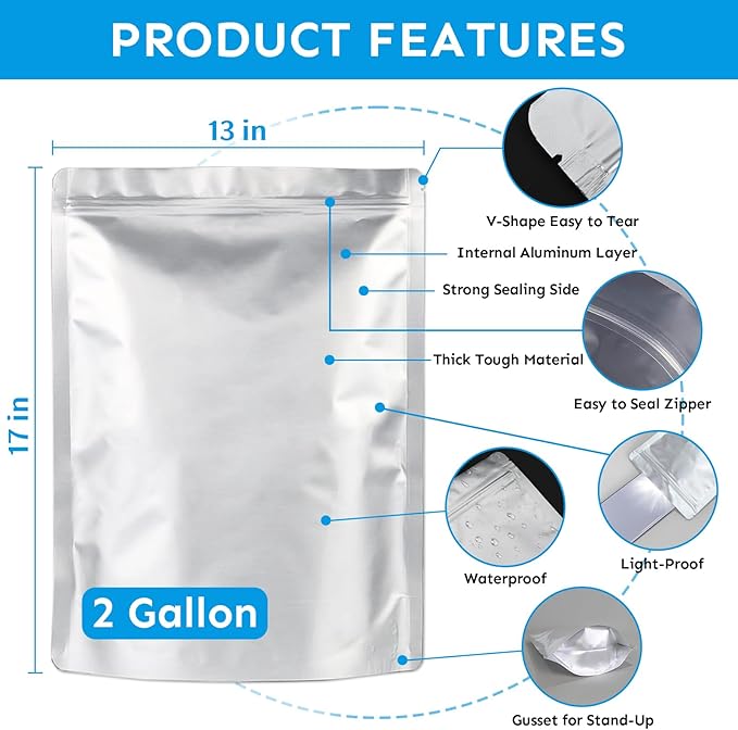 Mylar Bags 2Gallon 30PCS 17"X13" for Food Storage with Oxygen Absorbers&Labels,10Mil Thick Resealable Zipper&Heat Seal Stand Up Pouches for Packaging Long Term,Dried Food,BPA Free