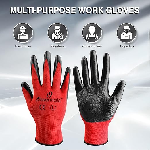I9 Essentials Work Gloves 12 Pairs – Red Seamless Knit Gloves with Nitrile Coated Palm & Fingers, Breathable Safety Grip for Men & Women, General Duty, Construction, Warehouse (Large)