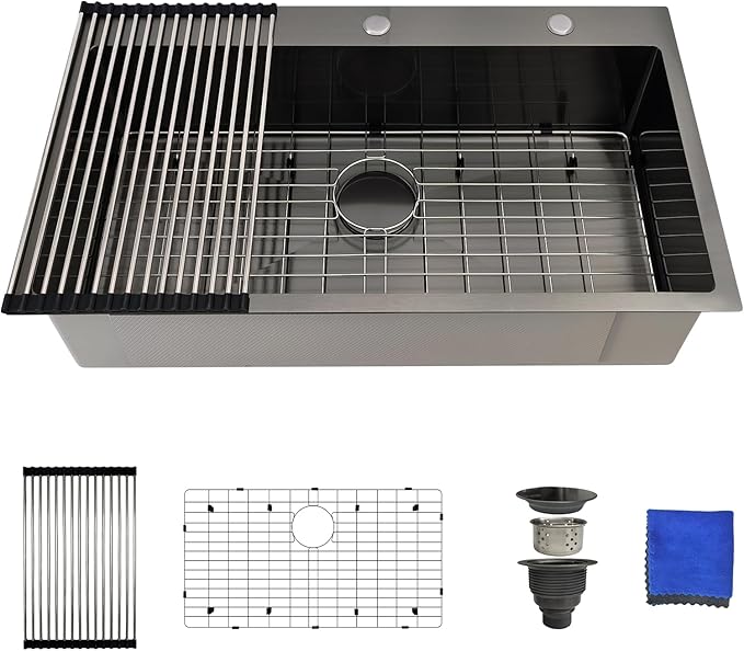 33 Inch Black Kitchen Sink Drop In – Delironexu 33x19 Drop In Kitchen Sink, 16 Gauge Black Stainless Steel sink Top Mount, Single Bowl kitchen Sinks with 4 Accessories