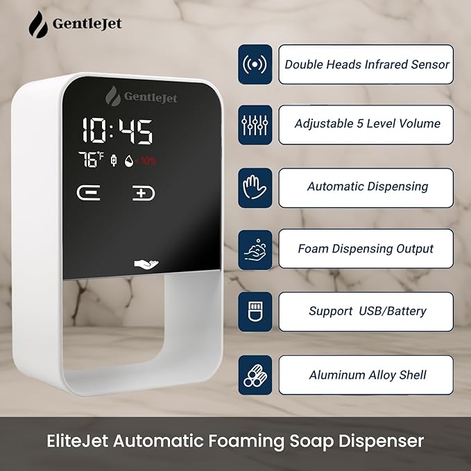 EliteJet Automatic Foaming Soap Dispenser Touchless - Wall Mount & Countertop, Aluminum Alloy Body, Automatic Soap Dispenser Touchless with Dual Power (USB/Battery), LED Display