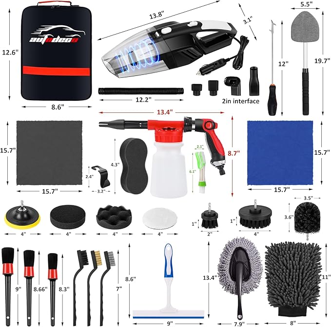 AUTODECO 40Pcs Car Wash Detailing Kit Cleaning Kits with Foam Gun Sprayer Vacuum with Long Cord Drill Brush Large Wash Mitt Towels Complete Interior Exterior Car Washing Supply Set Black