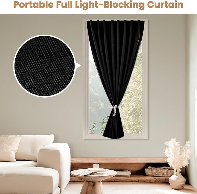 Adhesive Curtain,100% Blackout Curtains, No Drilling, Suitable for Multi-Scenes Privacy Protection (Black - W35 × L72 in)