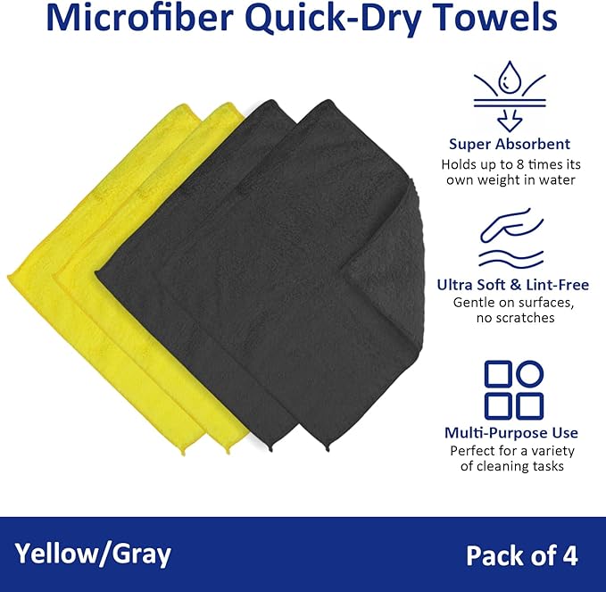 Microfiber Quick-Dry Towels (14" x 14"), Double-Sided Coral Fleece, Super Absorbent, Streak-Free, Ideal for wiping car interiors, drying vehicle surfaces, and cleaning in the home (Pack of 4)