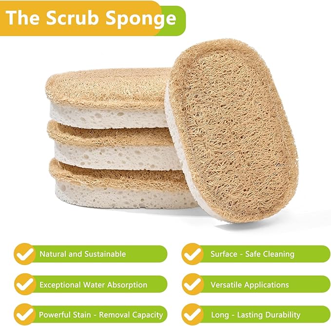 Natural Scrub Sponges Kitchen, Dual-Sided Loofah Dish Sponge - Plastic-Free, Scrubbing Power Without Scratching - 4 Pack White