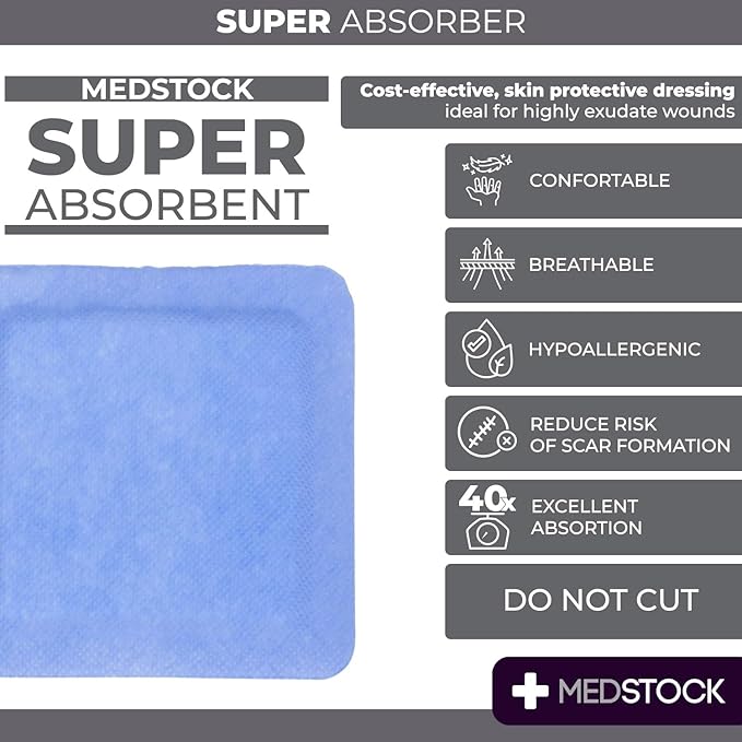 MEDSTOCK Super Absorber Dressing, 4"x6" (Pack of 10), Wound Care, Ultimate Absorption, Holds Extra Volumes of Exudate, Less Frequent Dressing Changes, Reduces Damage Risk & Maceration