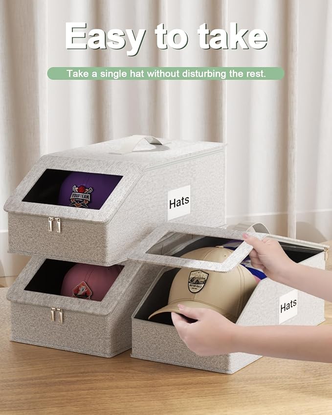 Stackable Hat Organzier for Baseball Caps, 2 PCS Hat Storage Holder Holds up to 24 Caps for Closet, Dust-Proof Hat Boxes Container with Clear Window for Home