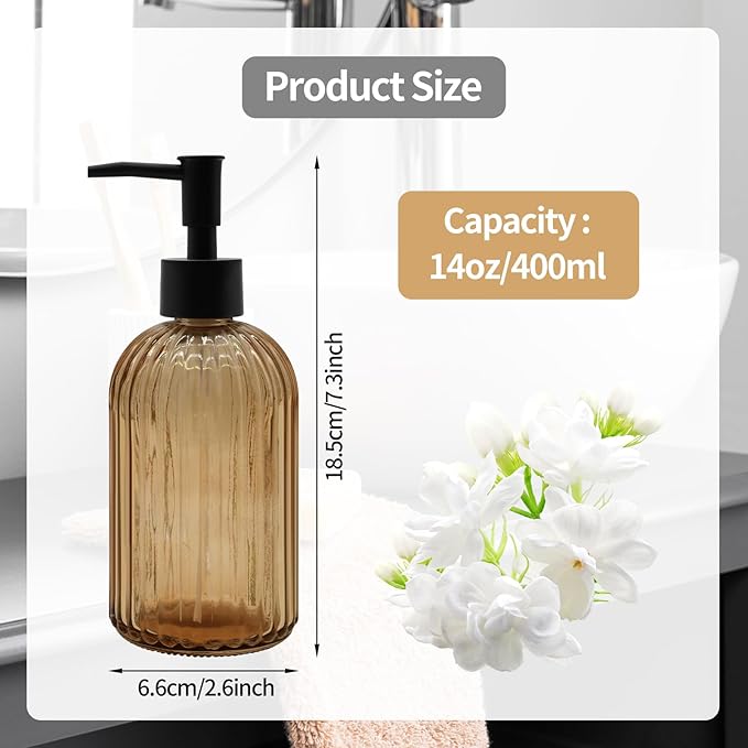 14oz Amber Glass Soap Dispenser with Black Pump – Refillable for Hand Soap, Dish Soap, Lotion, Suited for Kitchen, Bathroom & Laundry Room (Brown)
