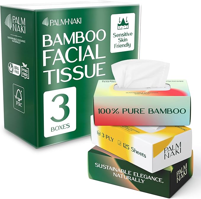 100% Bamboo Facial Tissue | 3-Ply Strong | Lint-Free, Fragrance-Free | Gentle for Sensitive Skin | BPA & PFAS-Free, FSC Certified | 3 Boxes (375 Sheets) | PALM NAKI