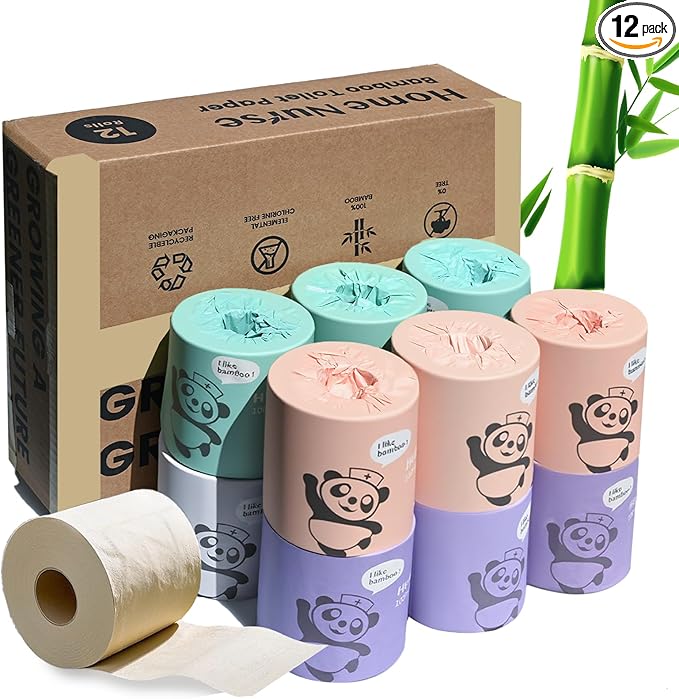 Home Nurse - Bamboo Toilet Paper, 4-ply 12 Rolls | Strong & Soft, Organic Natural Plant Based, Unbleached & Non Toxic, Tree Free Eco Friendly, Chemical Free, No Dust