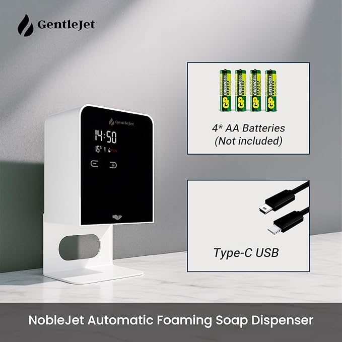 NobleJet Automatic Foaming Soap Dispenser Touchless - USB-C or Battery Powered, Aluminum Alloy Body, LED Display, Wall Mount or Countertop, Adjustable Automatic Soap Dispenser Touchless