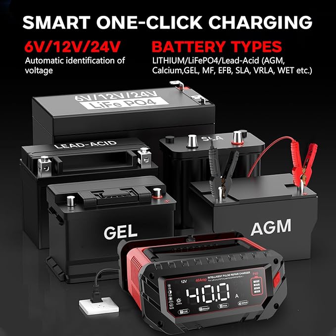 40 AMP Car Battery Charger, 6V/12V/24V Lead-Acid, Lithium, LiFePo4 Smart Battery Charger, Large Screen Trickle Charger, Fully Automatic Chargers and Maintainer for Car, Motorcycle, Lawn Mower