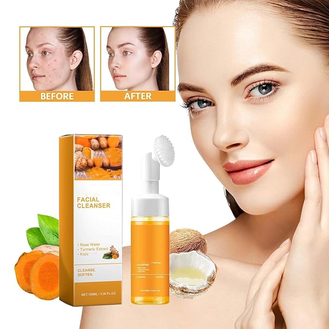 Turmeric Wash and Care 4 Piece Set - Lemon Turmeric Kojic Soap Bar & Cleansing Pads & Face Wash & Essential Oil, Jabon de Curcuma, Deep Cleansing Exfoliating Scrub Pads for Face & Body (A)
