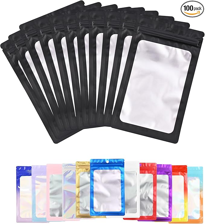 100 Pack Resealable Plastic Bags for Food Storage, Zipper Bags with Clear Front Window, Packaging Pouch for Small Business (Black, 4.3x7.1 inch)