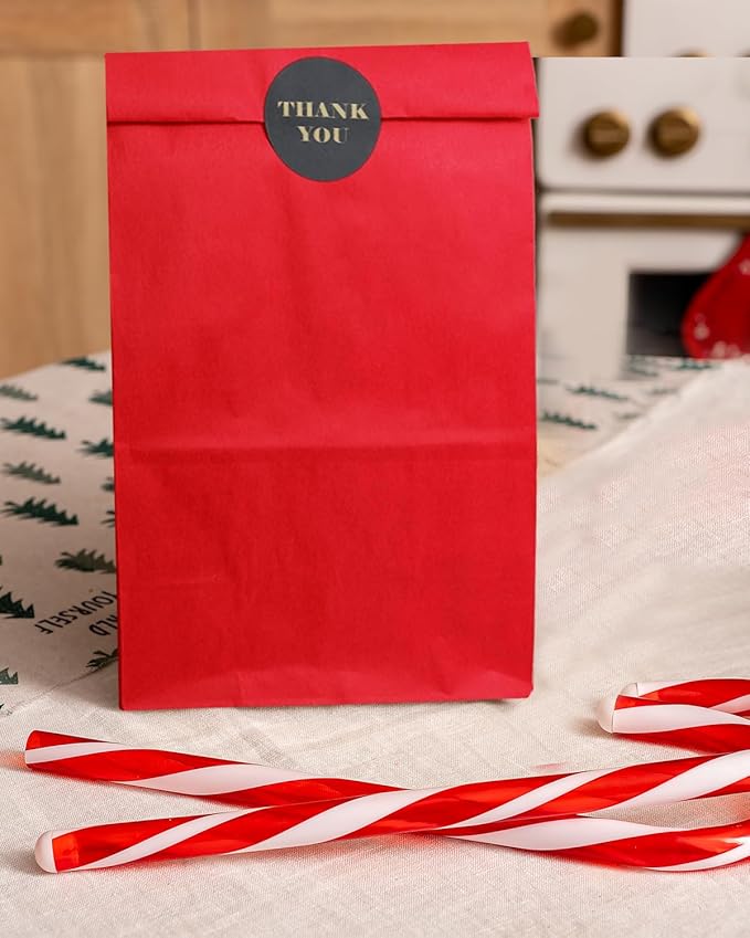 Bakepacker 100 Pcs Red Treat Paper Bags with 100 Stickers 5.1"x3.1"x9.4" Small Party Gift Bag Snack Bag without Handle