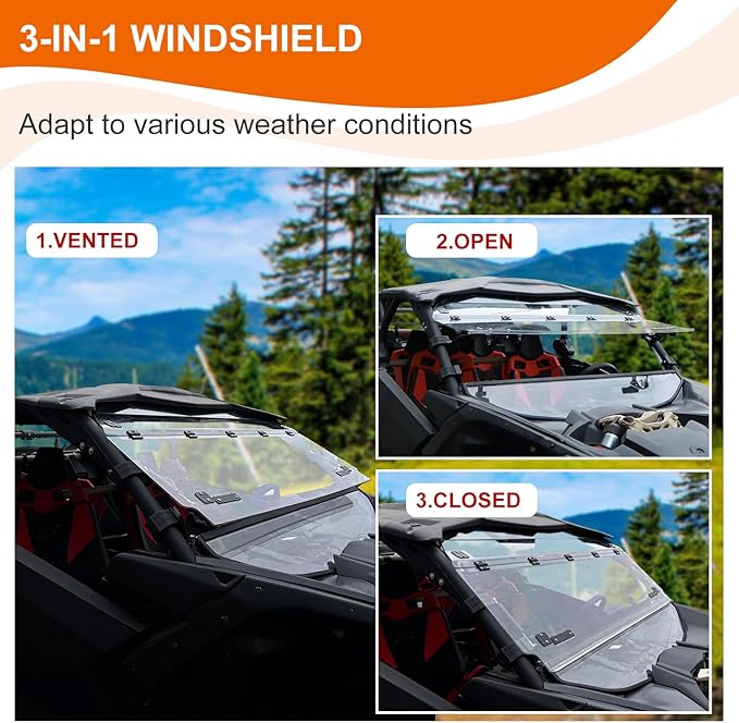 Flip Up Windshield for X3, 3-in-1 Flip Front Windshield Compatible with Can-Am Maverick X3 & X3 Max Accessories Scratch Resistant Hard Coated Folding Windscreen