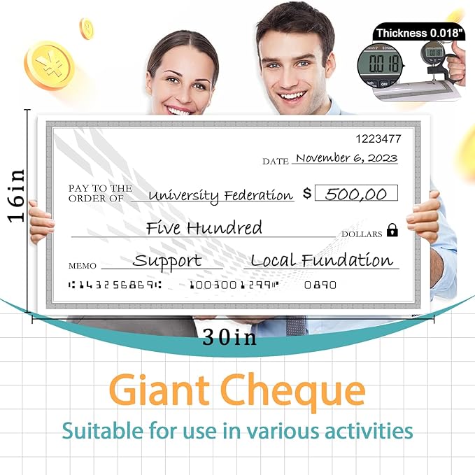Big Check Large Check - 30" x 16" Reusable Giant Check Big Checks for Presentations for Awards,Giant Fake Check for Endowment Donations, Large Blank Oversized Check Cardboard