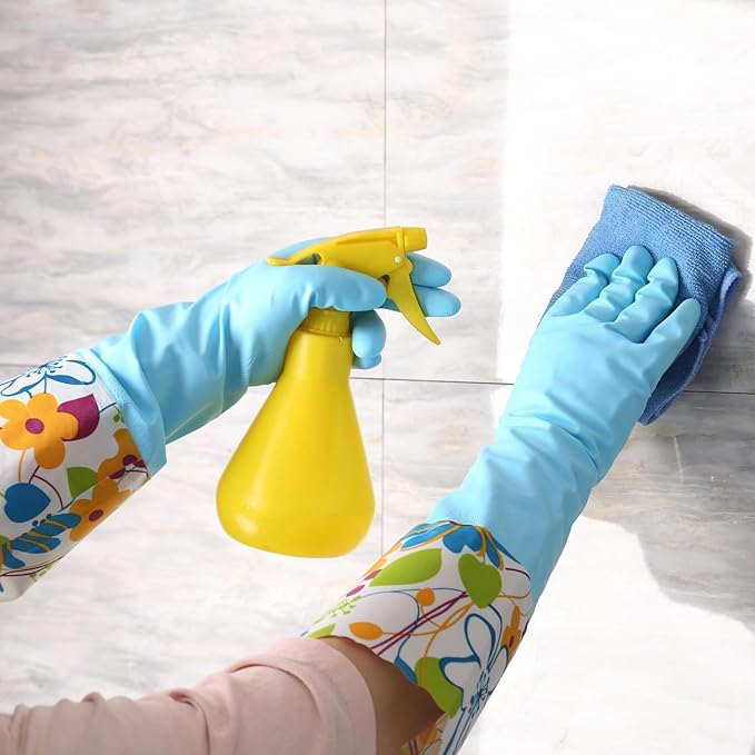 Bamllum 3 Pairs Rubber Cleaning Gloves, Household Kitchen Dishwashing Gloves with Cotton Flocked Liner, Long Cuff 16 Inches, Reusable, Non-Slip (Medium, Blue+Pink+White)