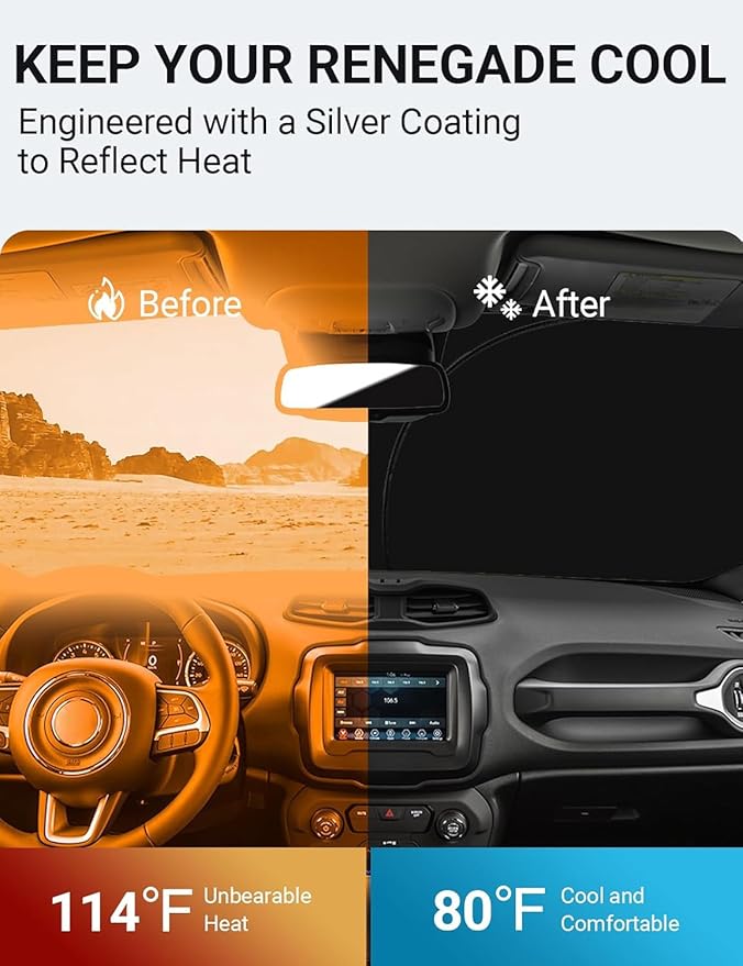 Proadsy Windshield Sun Shade for Jeep Renegade 2015-2024 2025 4-Layer Foldable Front Sunshade Protector Sun Visor Blocks UV Rays Keep Car Cooler