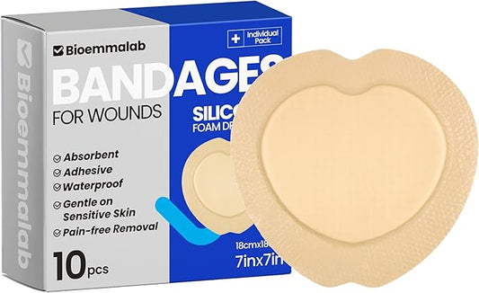 Large Waterproof Bandages Wound Care 7"x 7" Silicone Foam Dressings Sensitive Skin,10 PCS, Adhesive Bordered Pads for Bed Sore Pressure Relief Sacral Buttocks, Showering, Sterile Sacrum Care
