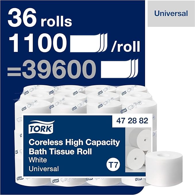 Tork OptiServe 4-Roll Coreless Toilet Paper Dispenser White T7/T5, Vertical Dispenser, Elevation Design + Tork OptiServe Coreless Toilet Paper White T7, Universal, 2 Ply, 36 x 1000 Sheets