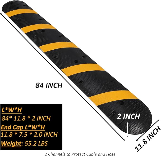 84" Rubber Speed Bumps, 1 Pack Heavy Duty Speed Bumps for Driveway Rubber Gravel Road Asphalt Parking, Modular Driveway Speed Bumps Cable Protector Ramp with 6 Bolts Spikes, 2 End Caps