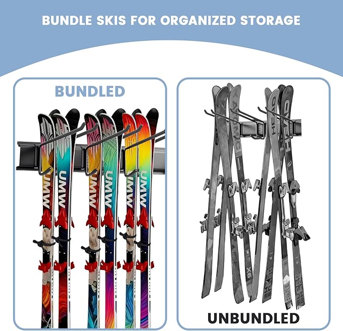 Ski Rack Wall Mount - Ski Holders for Wall Heavy Duty 10 Pairs of Snowboard Storage Indoor Holds Up to 300lbs for Garage Organization Home Shed