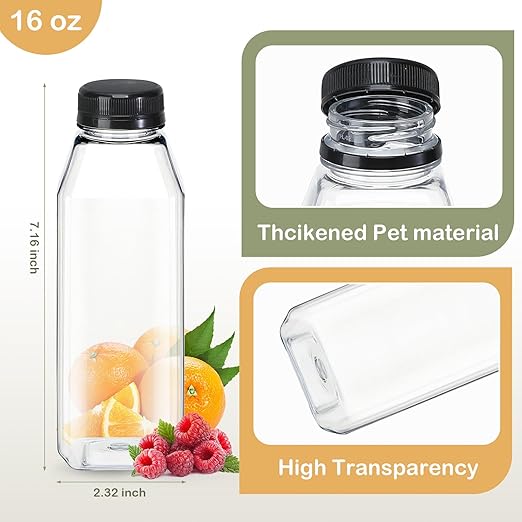 24pcs 16oz Empty Plastic Juice Bottles with Caps Reusable Food Grade Drink Bottles with Leak-Proof Tamper Evident Caps Bulk Clear Beverage Containers for Homemade Drinks Smoothie Milk