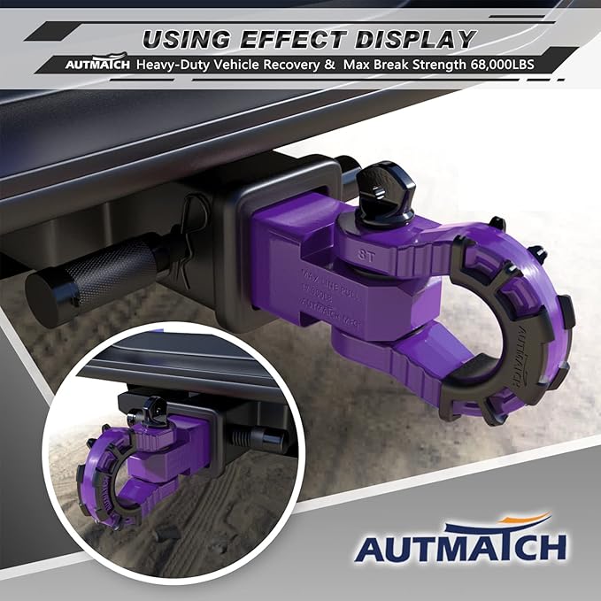 AUTMATCH Shackle Hitch Receiver 2" with 3/4" Mega D Ring Shackle and 5/8" Trailer Hitch Lock Pin, 68,000 Lbs Break Strength Heavy Duty Receiver Towing Kit for Off-Road Vehicle Recovery, Purple