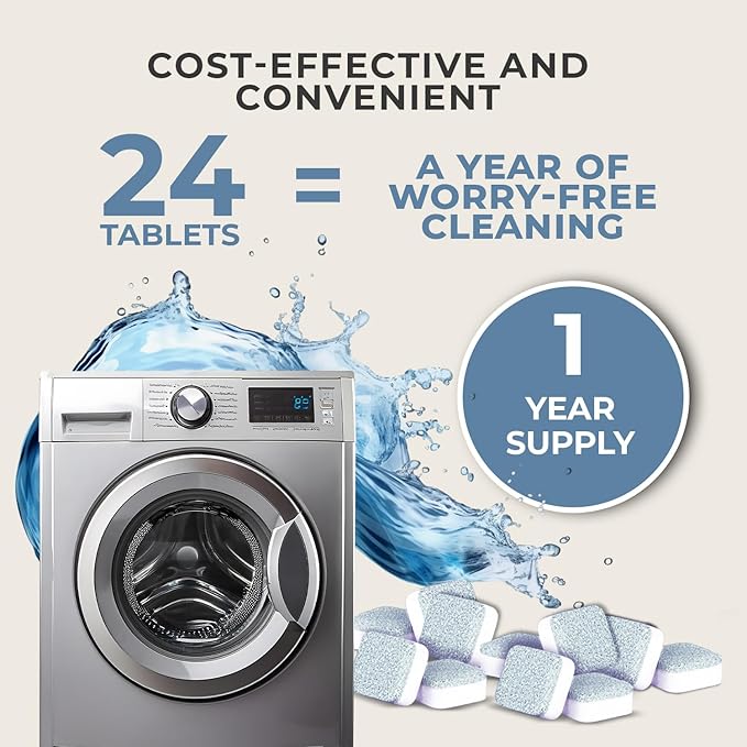 Washing Machine Cleaner Tablets – Deep Clean Washer Descale, Laundry Tub Cleaning Solution, Smell Fresh, Eliminates Buildup & Dirt, For Front & Top Load Washers, Easy-to-Use, 24 Pack, unscented