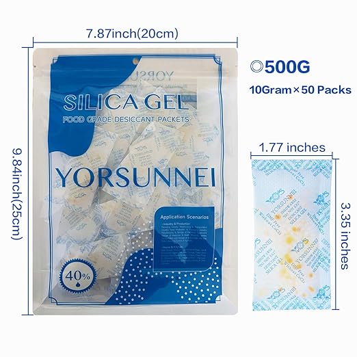 Silica Gel Packets with Color Indicating, 10 Gram [50 Packs] Desiccants Packs Moisture Absorbers, Food Grade Silica Gel for Storage Moisture Control