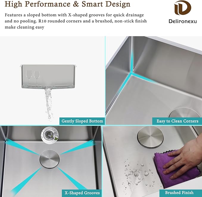 18 Inch Undermount Bar Sink – Delironexu 18 Gauge Stainless Steel Bar Sink, 18x18x8 Small Kitchen sink with Brushed Finish, Wet bar sinks Undermount for RV, Outdoor, and Prep Use
