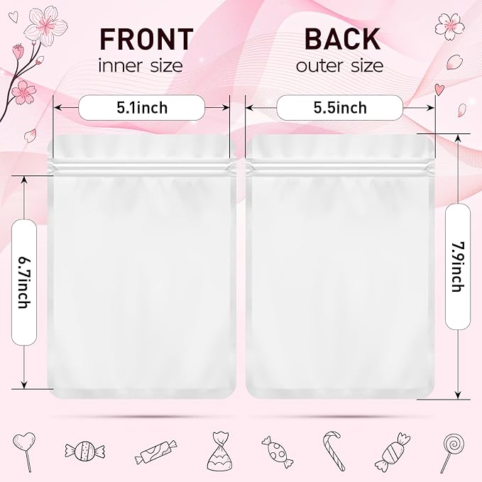 Funfery 100 Pack White Mylar Packaging Bags Resealable Bags Double Sided Color Odor Proof Pouch Baggies Smell Proof Foil Bag for Food Storage,Small Business(White,5.5x7.9inch)