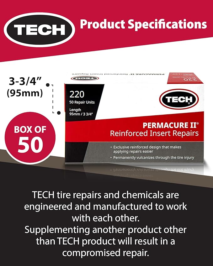 TECH Permacure II Insert Plugs, 3-3/4" (95mm) – Heavy-Duty Natural Rubber for Stronger Flat Fixes, Compatible with Tubeless Plug Kits, Box of 50, Professional-Grade Repair Solution
