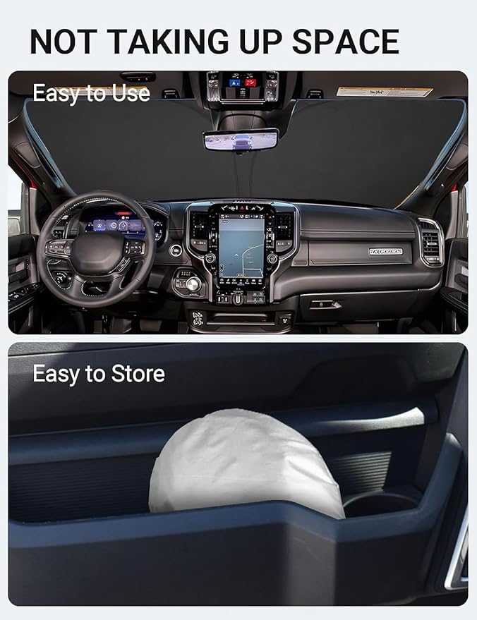 Proadsy 2025 Upgrade Windshield Sun Shade Custom Fit Dodge RAM 2500 3500 2010-2024 2025 4-Layer Foldable Front Sunshade Protector Sun Visor Blocks UV Rays Keep Car Cooler