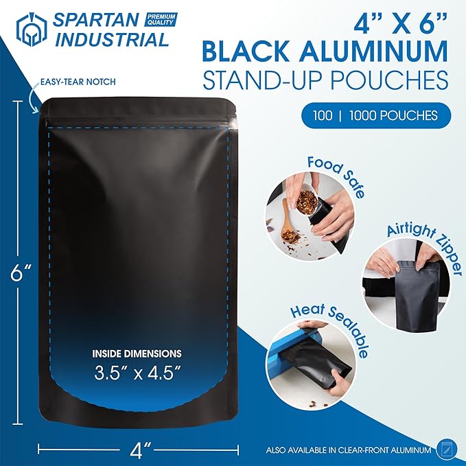 Spartan Industrial 4" X 6" Matte Black Stand-Up Pouches - 100 Count Smell-Proof Mylar Bags for Food Storage With Heat Sealable Opening and Resealable Zipper