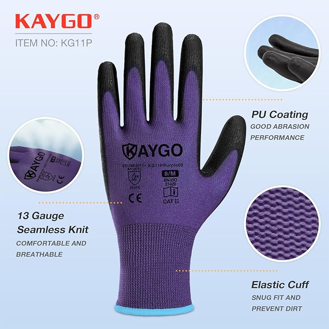 KAYGO Safety Work Gloves PU Coated,12 Pairs KG11PB Seamless Knit Glove for Men and Women, with Smooth Grip on Palm and Fingers, Ideal for General Duty Work (M, Purple)